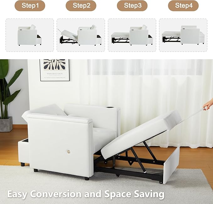 Velvet Convertible Chair Bed 3 in 1 Multi-Functional Lounge Chair Sleeper Pull Out Couch Guest Bed with Hidden Table and Adjustable Backrest for Living Room (White)