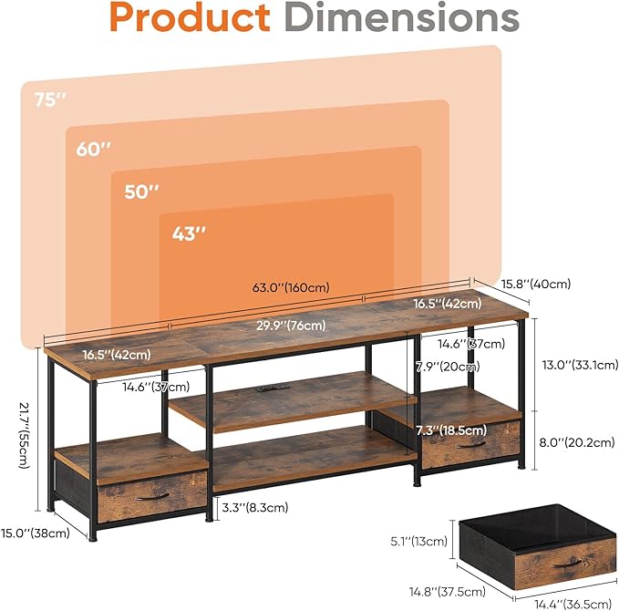 Sweetcrispy Entertainment Center with Stoage Wood TV Stand with Drawers for 75 Inch+ TVS Television Stands for Living Room Media Console with Charging Station Drawers Shelf Sturdy Frame 63'' Rustic