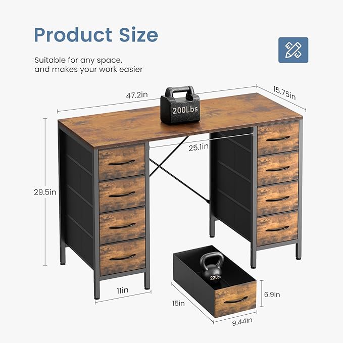 DUMOS 47 Inch Computer Desk with 8 Fabric Drawers Office Gaming Desk with Storage Writing Study Table with X-Shaped Reinforced Structure Rustic Brown
