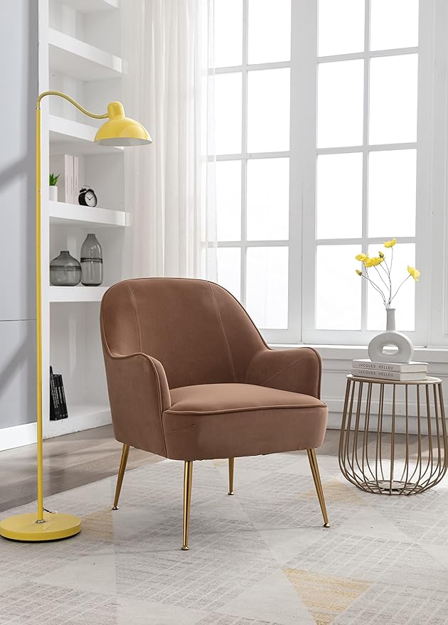 Modern Ergonomics Soft Velvet Fabric Material Accent Chair with Gold Legs and Adjustable Feet Screws for Indoor Home Living RoomCoffee Brown