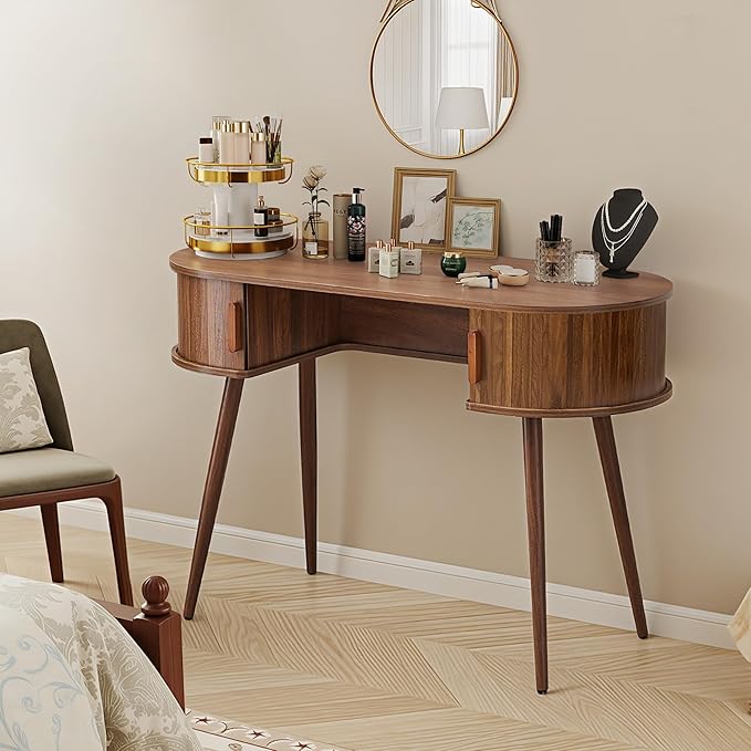 Mid-Century 43 Samll Writing Desk Home Office Computer Laptop Wood Desk with Storage Elegant Fluted Vanity Table Multifunctional Study Desk for Office Bedroom (Wlanut-43)