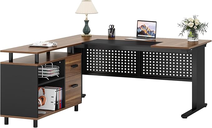 Tribesigns 63 Inch Executive Desk with File Cabinet Large Office Desk L Shaped Computer Desk with Drawers and Storage Shelves Business Furniture Desk Workstation for Home Office Brown and Black