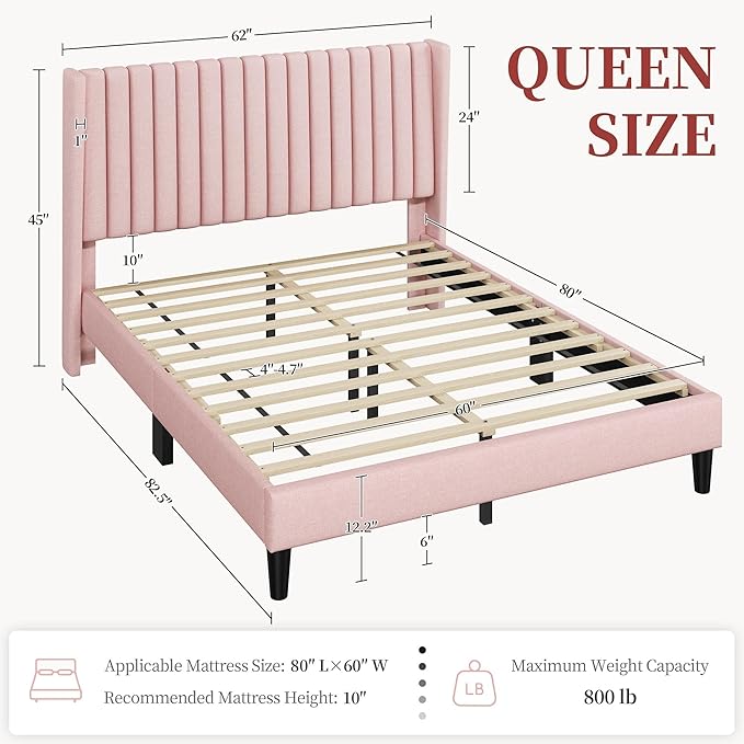 Yaheetech Queen Bed Frame Upholstered Platform Bed with Fabric Headboard Wing Edge Design/Non-Slip and Noise-Free/Wooden Slats Support/No Box Spring Needed/Easy Assembly Pink Queen Bed