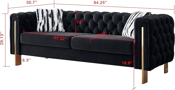 Chesterfield Modern Tufted Velvet Living Room Sofa with High Armrest and Metal Legs Decor 84.25''W 3 Seater Couch Couches Furniture for Bedroom Office (Black)