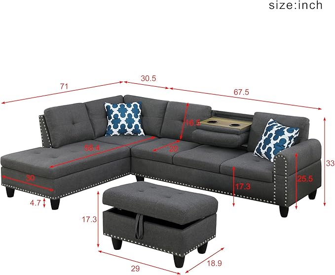 Convertible Sectional Sofa with Storage 4 Seat L Shaped Couch with Chaise and Cup Holder Modern Linen Fabric Sofá for Living Room Apartment Office (Dark Gray)