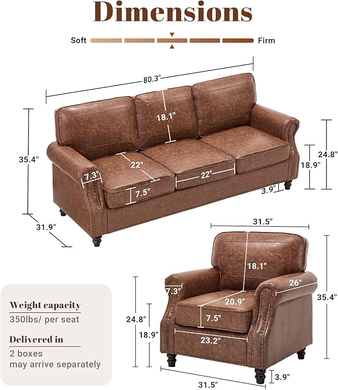 Kingfun Mid-Century Modern Couch Faux Leather Sofa Set 3 Seater Couch for Living Room with Rolled arms &amp Nailhead Trim Dark Brown