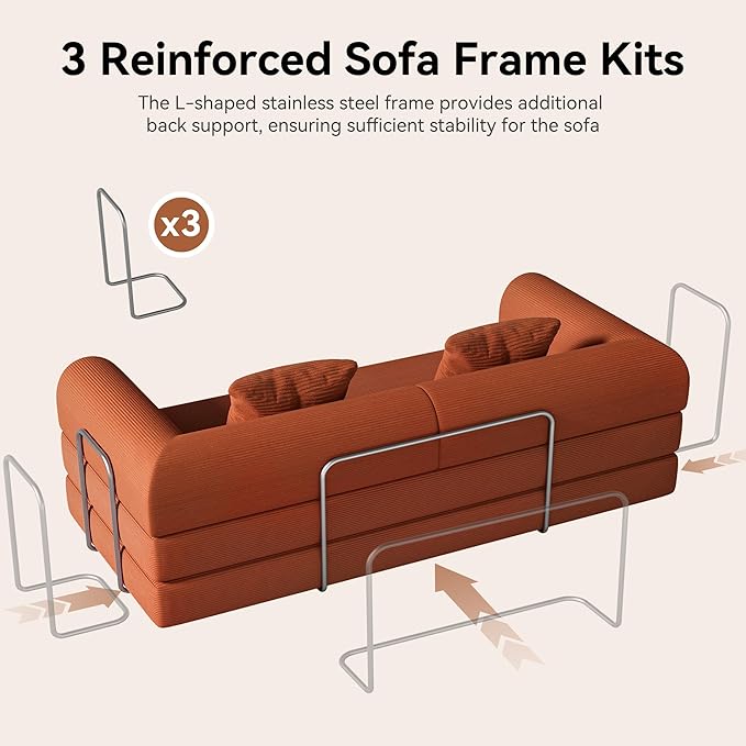 79 Folding Convertible Sofa Bed Boneless Couch for Living Room with Pull Out Bed ‌Convertible Sleeper Sofa Bed with Pillows - Corduroy Upholstered Modular Futon Couch for Bedroom Lounge (Orange)