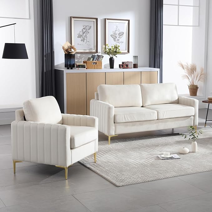 Velvet Accent Chairs Set of 2 Mid Century Modern Side Sofa Chair Comfy Upholstered Arm Chairs Living Room Set Furniture Bedroom Waiting Room Office with Gold Legs (Beige)
