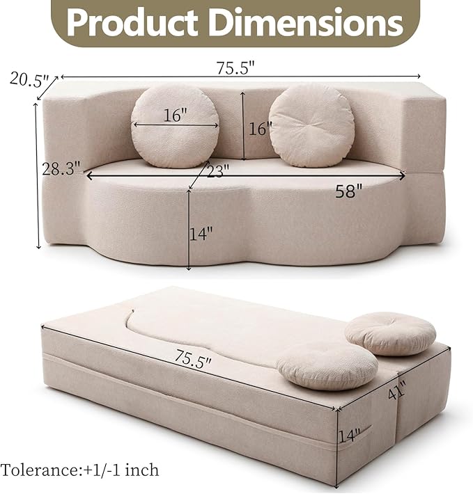 2-In-1 Futon Sofa Bed Foldable Couch with 2 Pillows Convertible Foldable Sofa Bed Folding Sofas Beds for Living Room Guest Room Apartment Office Lazy Sleeper Comfy No Assembly (khaki)
