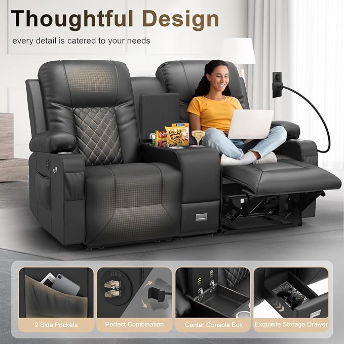 YONISEE Large Loveseat Recliner Loveseat Recliner Sofa with Storage Console Recliner Chair with USB Ports 2 Cell Phone Holders Cup Holder Loveseat Couch for Living Room