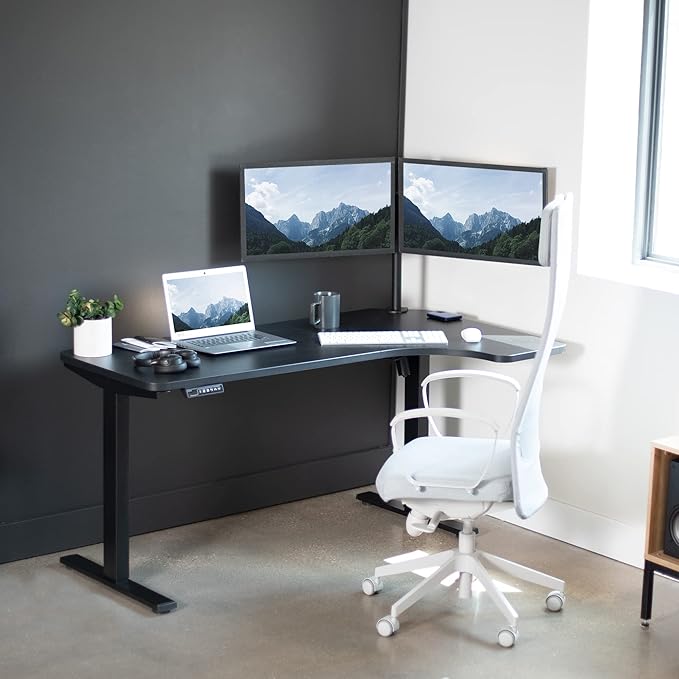 VIVO Electric Corner 58 x 35 in L-Shaped Standing Desk Memory Height Adjustment Holds 220 lbs Reversible Black Top Black Frame DESK-KIT-1BRB