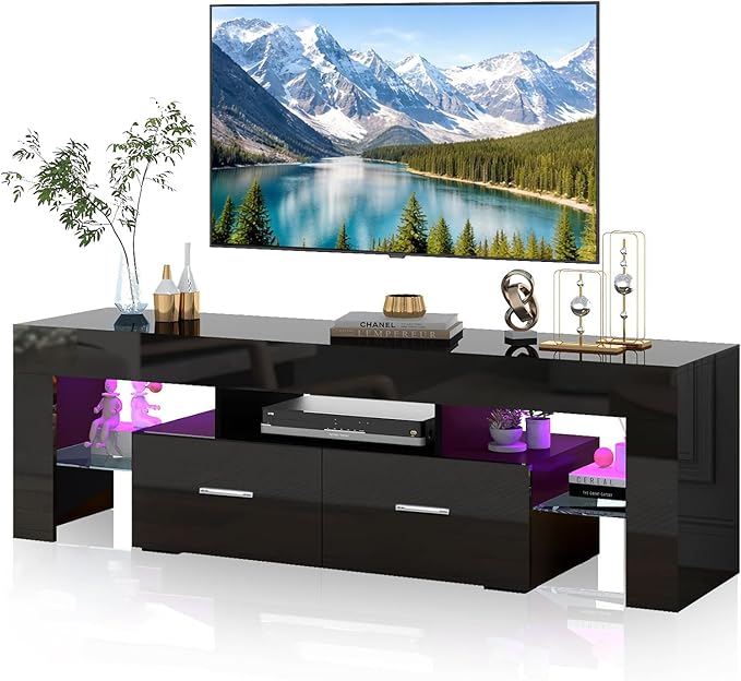 Black 63 Inch Floating TV Stand with Two Drawers &amp 16-Color LED Lights Large Modern Entertainment Center for TVs Up to 75 Inches Wooden Media Console with Open Shelf