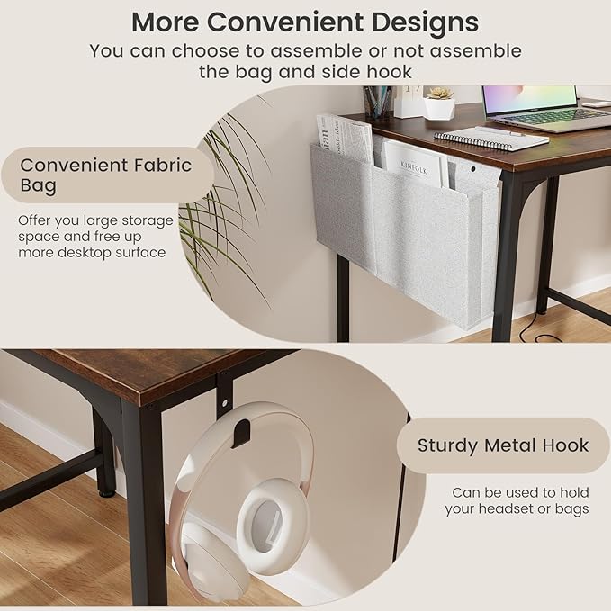 COSTWAY Home Office Desk 32 Inch Computer Desk with Recessed Power Strip Storage Bag &amp Headphone Hook Wide Desktop Modern Computer Workstation Writing Table for Home Office (Rustic Brown + Bl