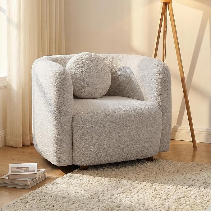 Modern Boucle Accent Square Sofa Chair Oversized Single Cloud Couch Chair Japandi Style 1-Seater Armchair with Thick Foam Comfy Boucle Chair for Living Room &amp Bedroom White