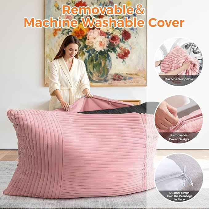 3 in 1 Giant Bean Bag Chair Convertible Bean Bag Bed for Adults and Kids Oversized Comfy Memory Foam Floor Sofa with Machine Washable Cover for Living Room Bedroom &amp Dorm(Pink)