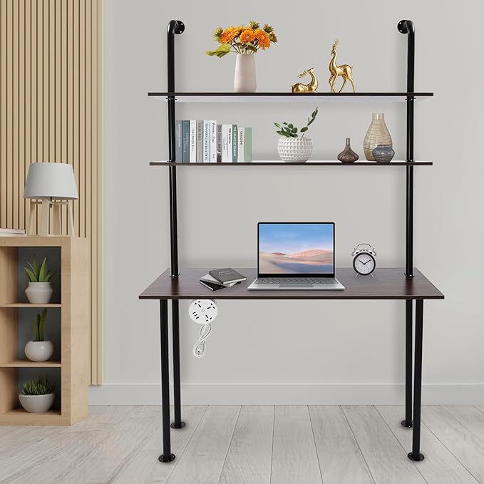 2-Shelf Industrial Wall Mount LadderWall Mount Computer Desk Writing DeskIndustrial Bookcase Desk with ShelvesFloating Desk with Storage Wall Table for Home Office Brown (47.2×20×79)