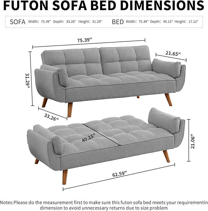 Convertible Futon Sofa Bed Linen Sleeper Couch 75 W Modern 3 Seater Tufted Sofa with Adjustable Backrests and Solid Wood Legs for Living Room Bedroom Small Space Gray
