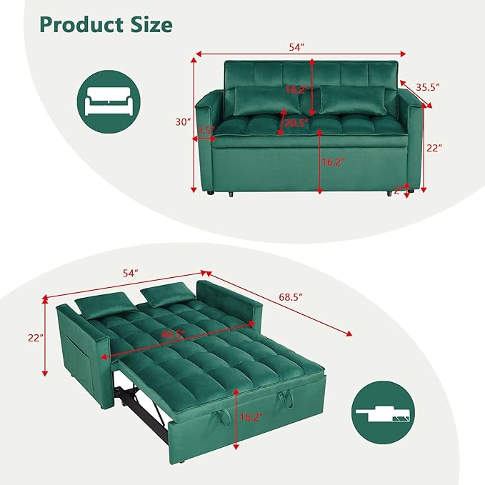54 Convertible Sofa Bed Velvet Sleeper Sofa with Pull-Out Bed 3-in-1 Futon Couch with Reclining Backrest and Side Pocket Modern Loveseat for Living Room (Dark Green)