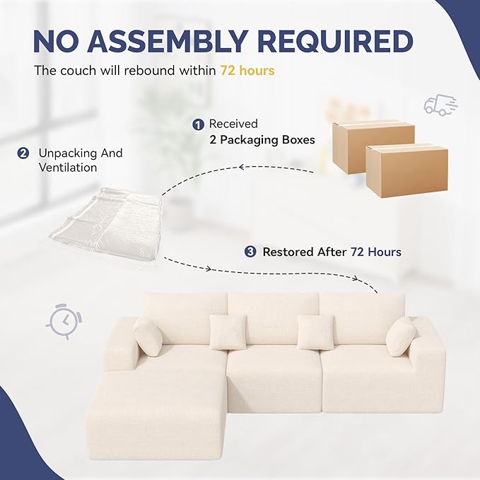 113 L-Shaped Boneless Couch Modern Modular Sectional Sofa with Deep Seat Convertible Chenille Cloud Couches for Living RoomBeige1 PCS
