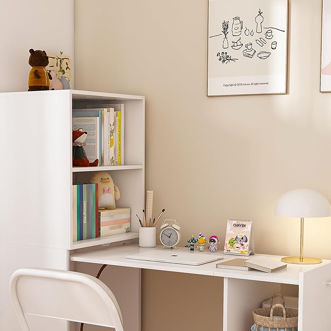 White Foldable Office Desk Fold Out Convertible Hidden Murphy Computer Desk with Storage Shelves Multi-Function Folding Writing Table for for Small Spaces Home Office
