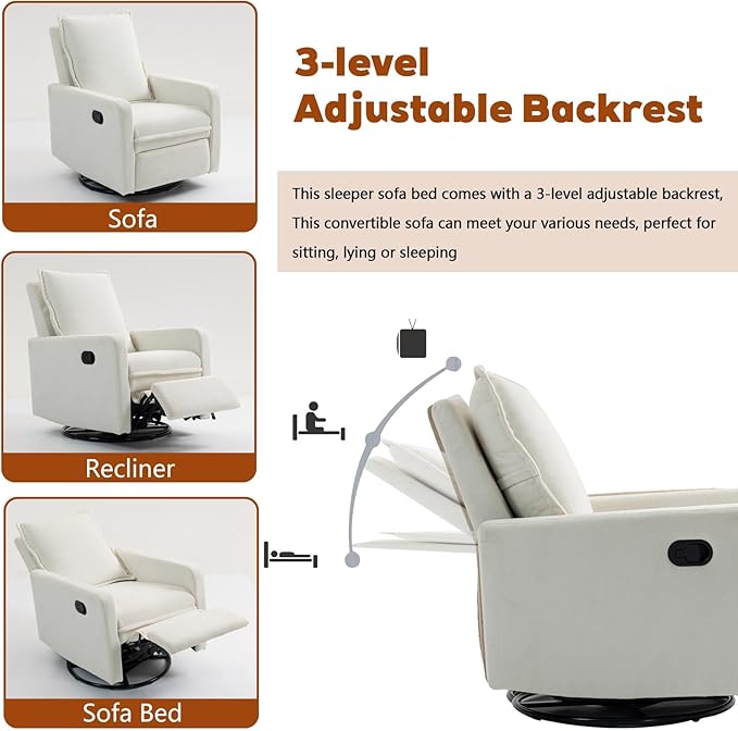 White Swivel Nursery Rocking Chair Manual Glider Recliner with High Backrest for Adults Upholstered Nursery Recliners Chair with Footrest Pedal for Small Spaces Living Room Bedroom (White)