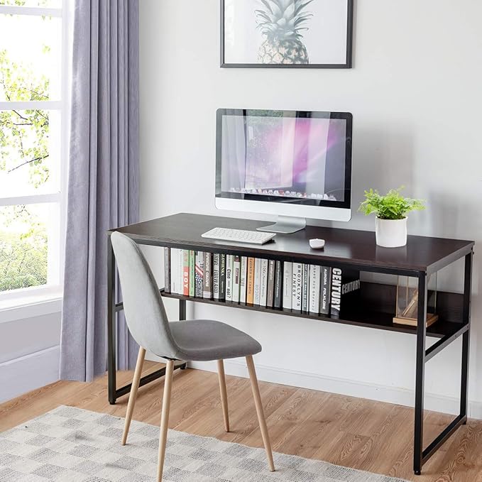 Tangkula 55 Inches Computer Desk with Bookshelf Study Writing Table w/Storage Shelf &amp Sturdy Metal Frame Home Office Desk with Adjustable Foot Pads &amp Spacious Desktop Computer Workstation