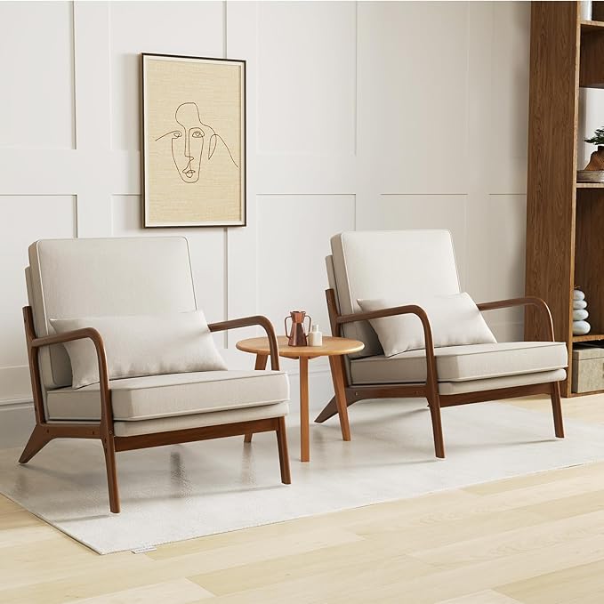 Giantex Mid Century Modern Accent Chair Set of 2 Upholstered Armchair with Pillow Rubber Wood Armrests &amp Legs Removable Back &amp Seat Cushions Comfy Reading Chair for Living Room Bedroom B