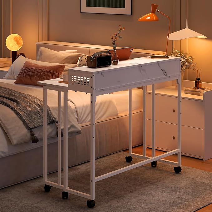 Gezen Folding Desk With Storage Shelf Small Rolling With Wheels Mobile Couch Sofa Side Table Bed for Home Office Small Space White Marble 39.4