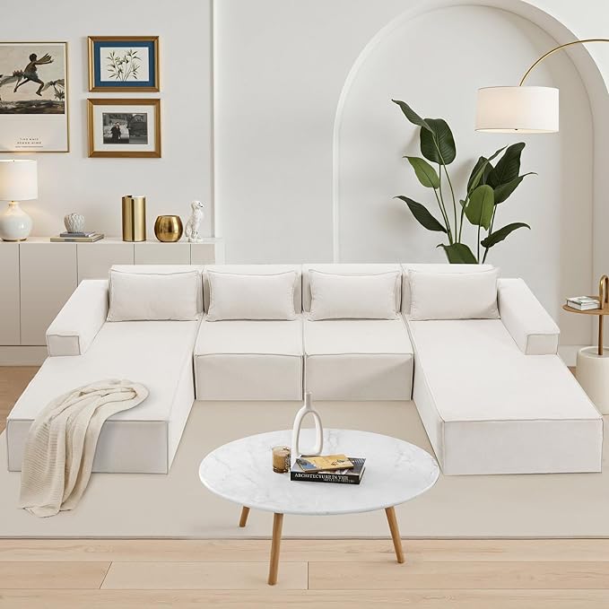 140 Modular Sectional Sofa U-Shaped Cloud Couch with Extra Long Chaise Lounge Oversized Chenille Boneless Sofa Set for Living Room Comfy Floor Seating No Assembly Required