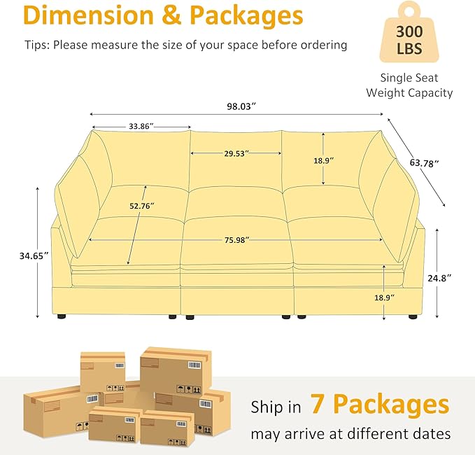 VANOMi 98 Cloud Modular Sectional Sofa Couches for Living Room Oversized Modern Sleeper Sofa with Deep Seat Double-Layer Thick Cushion Movable Ottoman Convertible Upholstered Sofa Set Curry