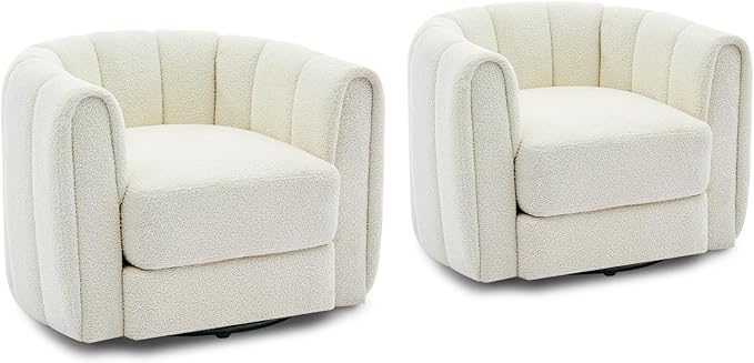Swivel Barrel Chair - Velvet Upholstered Modern Armchair with Striped Backrest &amp Plush Padding Round Lounge Chair for Living Room Bedroom (Teddy Velvet | Beige (2 PCS))