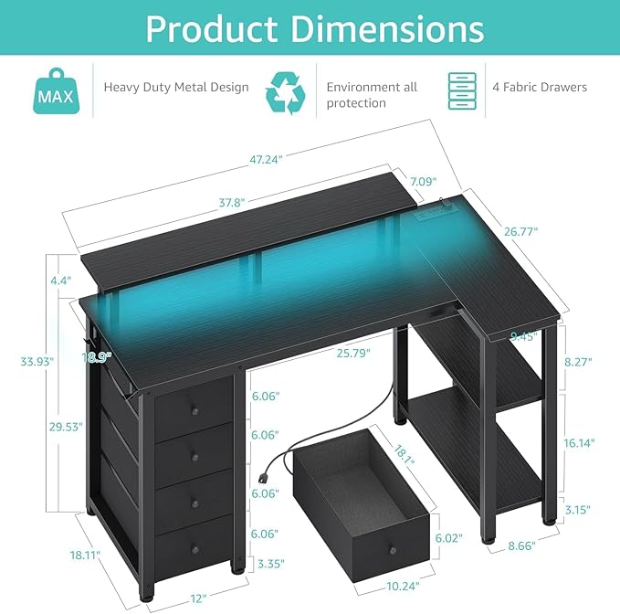 Lufeiya Black L Shaped Desk with Led Lights and Power Outlets 47 Inch Writing Study Computer Gaming Desks with Fabric Drawers for Bedroom Home Office Corner Desk with Monitor Stand Shelves Black