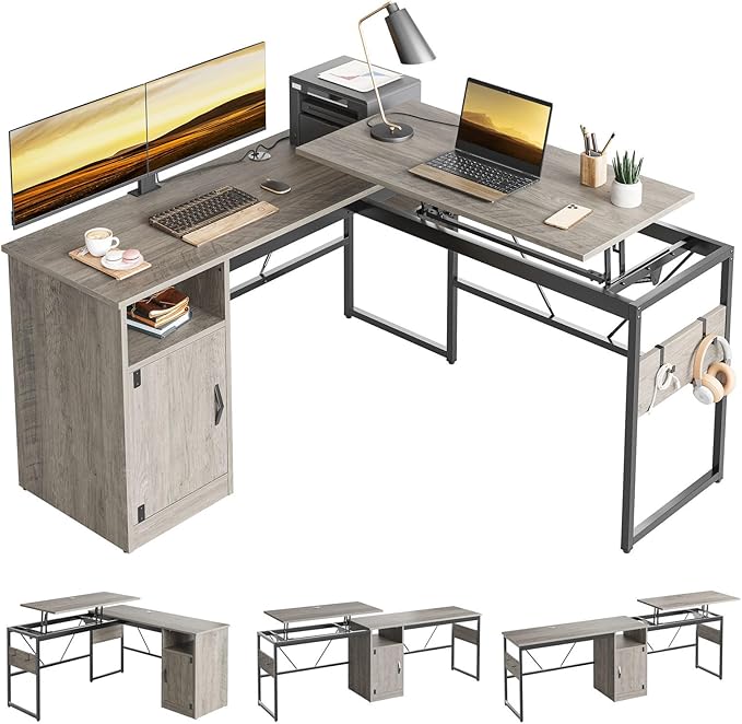 Bestier Versatile 60 Inch L-Shaped Standing Desk Lift Top Corner Desk Extending to 95 Inches with Storage Cabinet and Hooks for Home Office Washed Gray