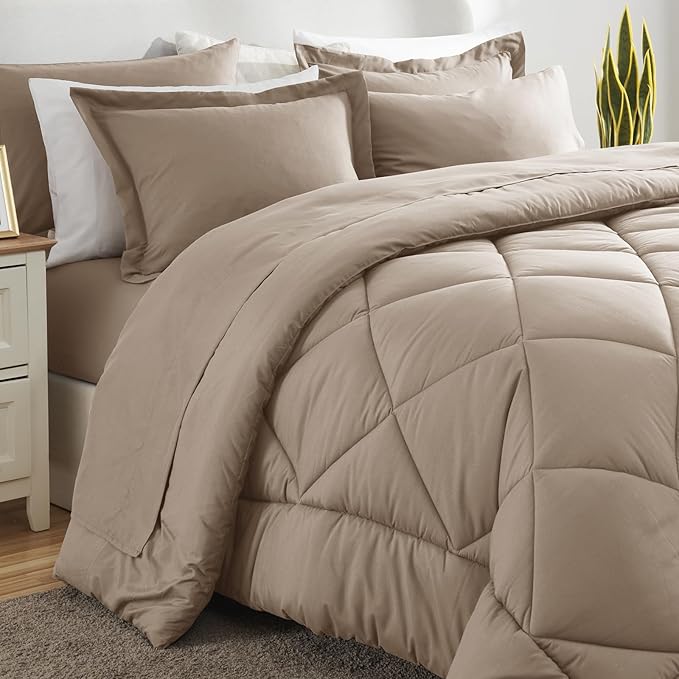 CozyLux Queen Comforter Set Khaki - Bed in a Bag Queen Size 7 Pieces Luxury Soft Bed Set for All Seasons Bedding Set with Down Alternative Comforter Sheets Pillowcases &amp Shams