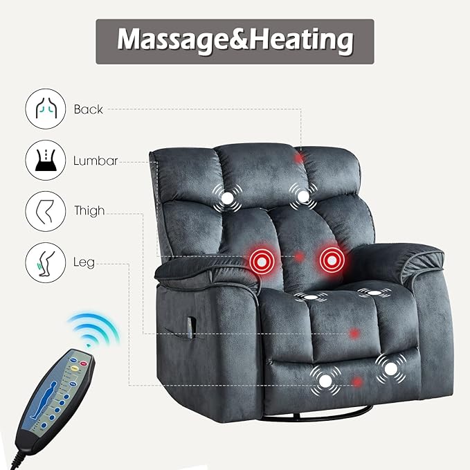 INZOY Oversized Rocker Recliner with Heat and Vibration Manual Swivel Rocking Recliner Chair with Vibrating Massage Comfy Padded Overstuffed Soft Fabric Heated Recliner Grey