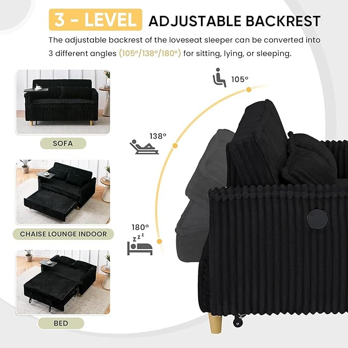 54'' Corduroy 3-in-1 Convertible Sofa Bed Pull Out Sleeper Loveseat Couch with USB Ports &amp Storage Pockets Futon Couches for Small Space Living Room Apartment (Black New)