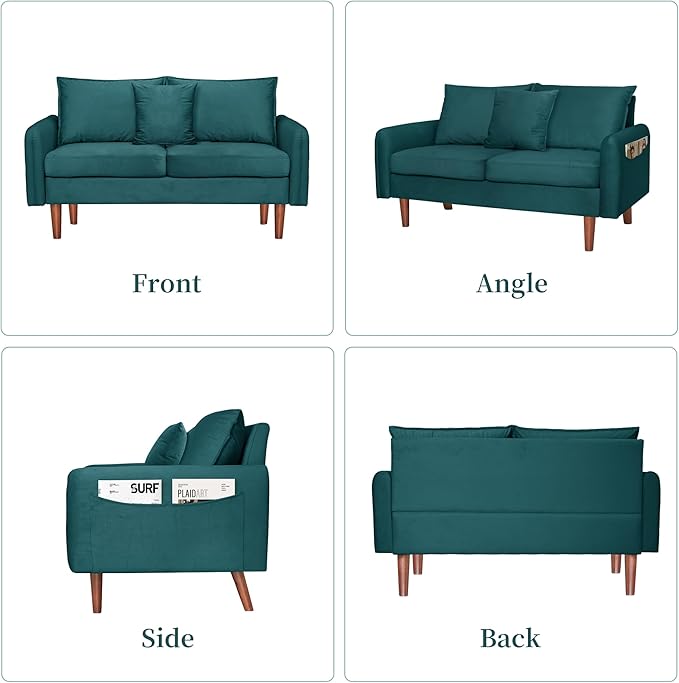 56.1 Round Arm Velvet Loveseat with Side Pockets and a Square Pillow (Dark Cyan) | Side Storage Pockets Pillow Included