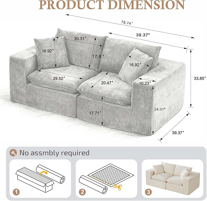 78'' Chenille Modular Loveseat White Boneless Loveseat with 2 Pillows Cloud Couch Love Seats for 2-Seater Upholstered Sectional Sofa for Living Room No Assembly Freely Combinable (White)