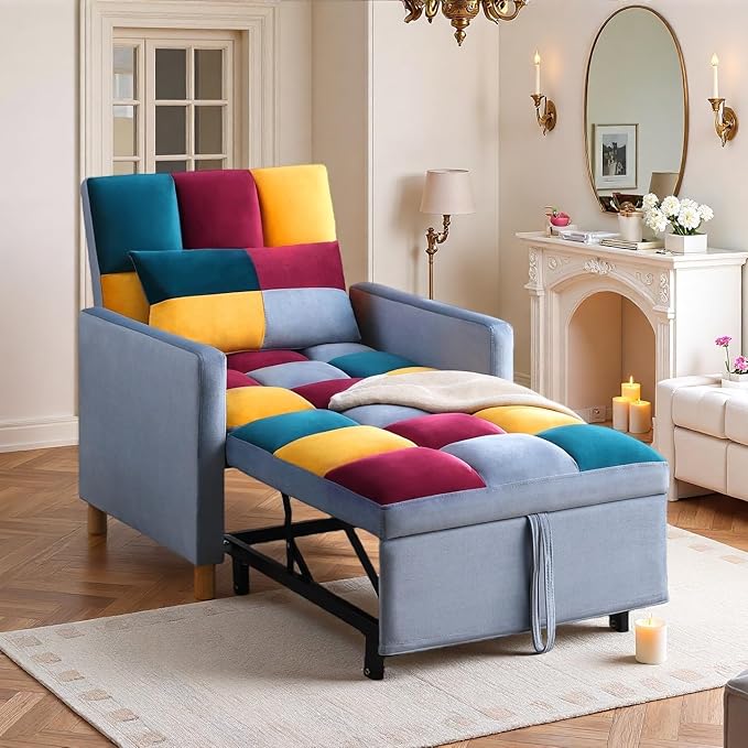 3-in-1 Convertible Sleeper Chair Sleeper Sofa Bed with Adjustable Backrest Lazy Sofa Bed with Pillow Recliner Chair with Sturdy Wood Frame for Living Room Apartment Dorm Rainbow