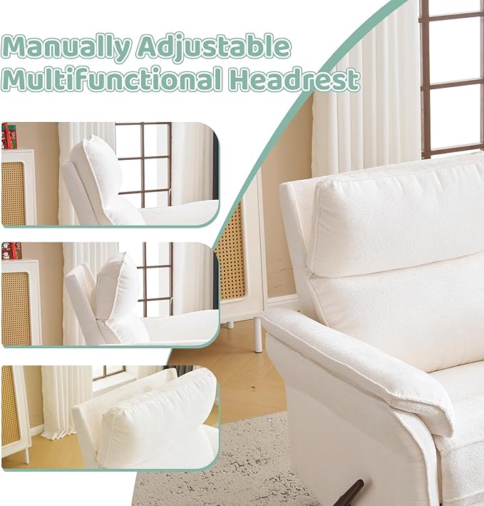 Oversized Rocking Chair Nursery with Adjustable Headrest 26 Extra Wide Glider Recliner Nursery Chair for Nursery 360° Swivel Rocker Recliner with Overstuffed Armrest White