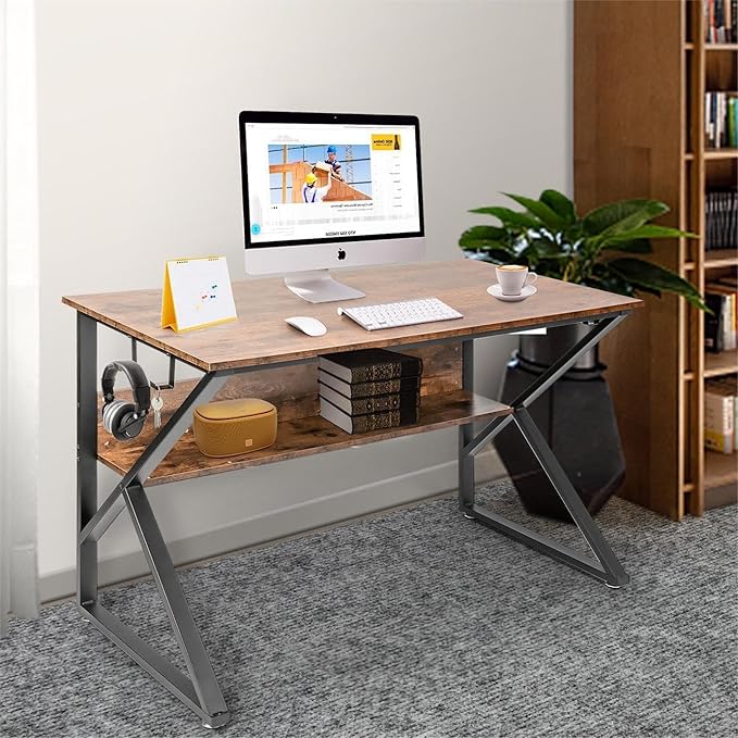 Computer Desk Office Desk PC Table 47 ”- Industrial Rustic Wood Grain with Storage Shelf with 4 Hooks Metal Frame Foot Pad 110lbs Home Reading Study Writing for Bedroom …