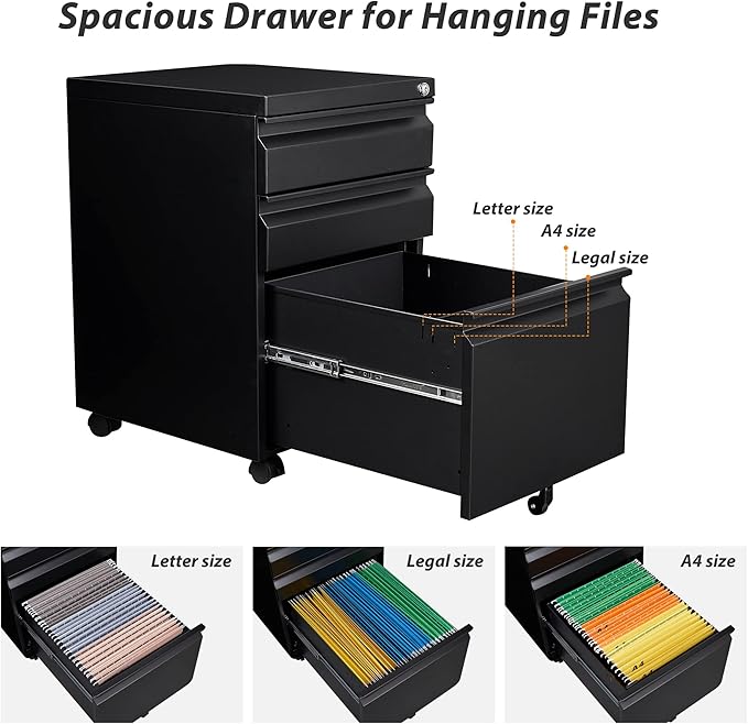 3 Drawer File Cabinet with Wheels Metal Filing Cabinet with Lock Office Rolling File Cabinets for A4/Legal/Letter Size Assembly Required Black
