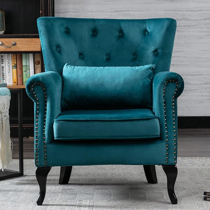 Kmax Velvet Club Chair Tufted Throne Chair Mid Century Accent Wingback Chair Padded Seating Wood Legs Home Club Bedroom Living Room Teal Blue