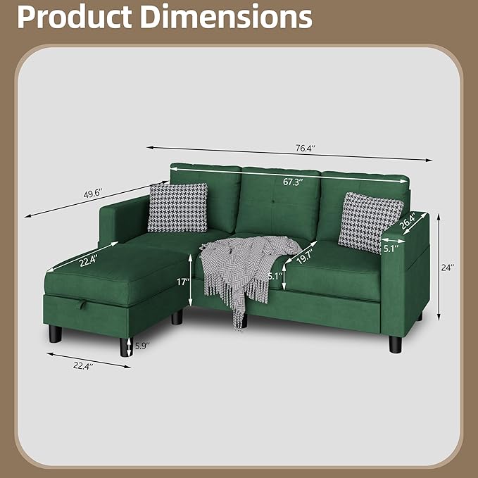 Nuturelly Sectional Sofa Couch Convertible L Shaped Sofas with Storage Ottoman Small Sectional Couches for Living Room 3 Seater Couch with Linen Fabric for Small Spaces Green