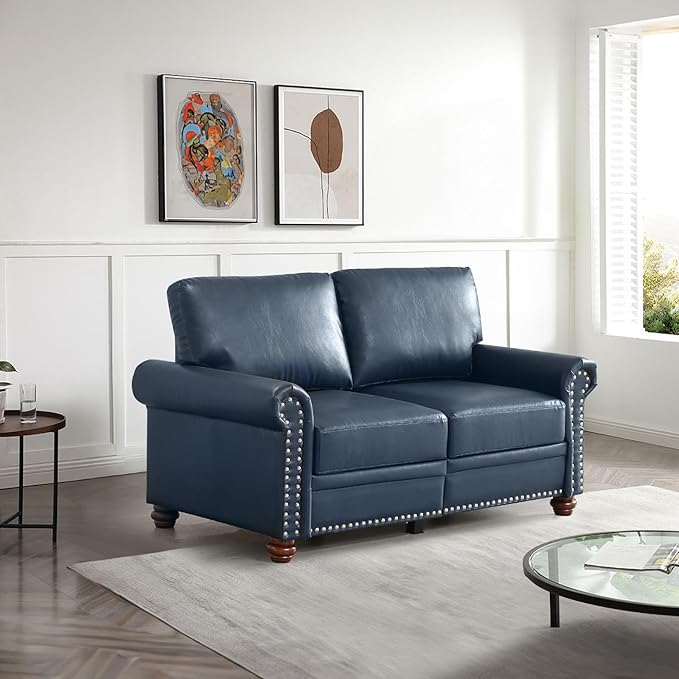Antetek Comfy Upholstered PU Leather Sofa 59-inch Mid-Century Modern Loveseat Sofas with Storage Space &amp Solid Bun Feet Small Couches for Living Room Small Space Bedroom Navy Blue