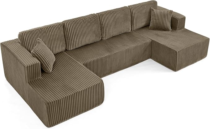 132 Boneless Sectional Cloud Couch Sofa for Living Room U-Shaped Couch with Double Chaise Lounge Comfy Memory Foam Modular Sofas Couches for Living Room (Brown 132.48 U-Shaped)