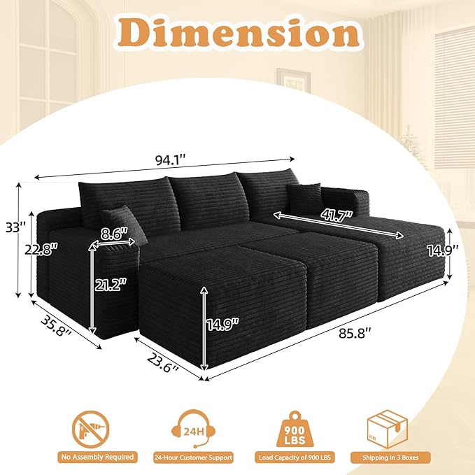 94 Corduroy Upholstered Boneless Couches with Chaise/2 Ottoman Oversized Modular Sectional Sofa with Deep Seat Cloud Sectional Fluffy Couches for Living Room No Assembly Required (Black) | Removab