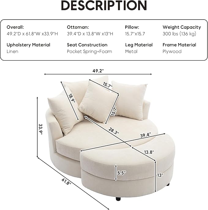 Yoglad Oversized Round Swivel Accent Chair - Modern 360 Degree Barrel Chairs with Storage Ottoman for Living Room Bedroom(Chenille- Cream)
