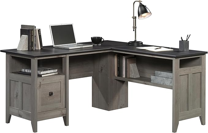 Sauder August Hill L-Shaped Home Office Desk Farmhouse Corner Desk with File Drawer Cable Management Mystic Oak Finish
