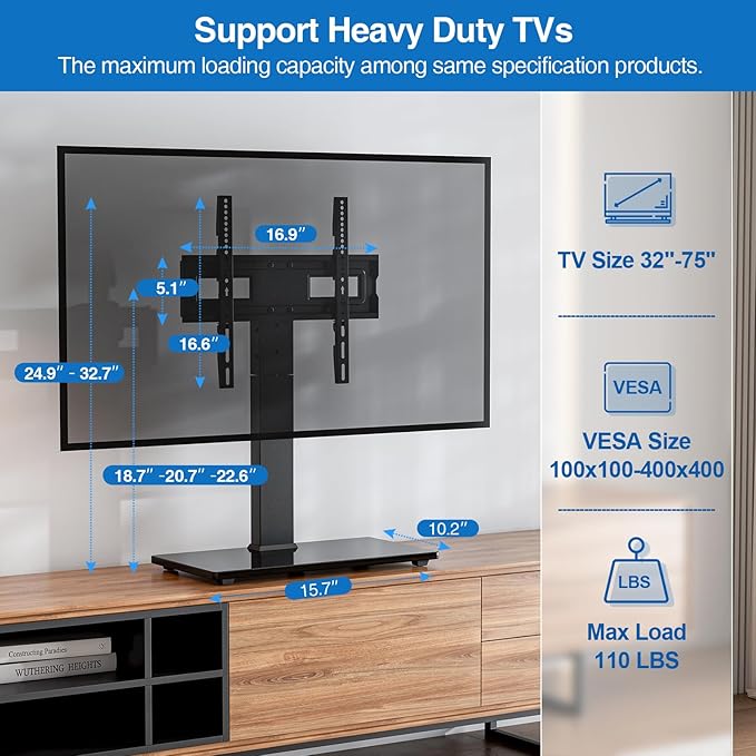 Universal Swivel TV Stand Base for 32-75 Inch TVs Height Adjustable Table Top TV Stand with Tilt Mount Holds up to 110 lbs Heavy Duty Temper Glass Base Max VESA 400x400mm
